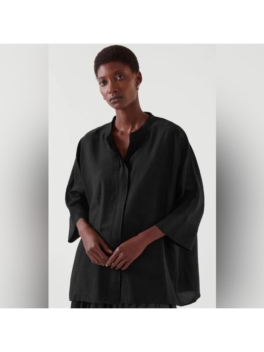 COS Black Oversized Crinkle Boxy Shirt Mandarin Collar – Size M | Minimalist